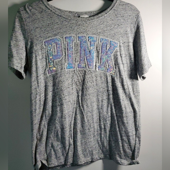 PINK Gray T-Shirt with White Sequin Lettering - Picture 1 of 7